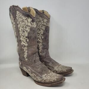 Corral Boots 9M Brown Bone Tan Leather Western Cowgirl Floral Embroidered A0194